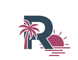 letter r with palm tree, sea and sun. vacation alphabet logotype symbol. summer and exotic tourism design