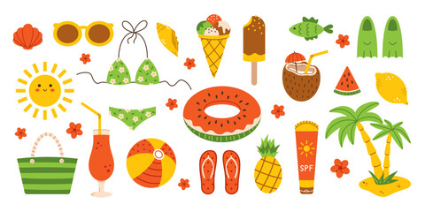 Vector summer set in flat design. Beach collection of sun, palm tree, ice cream, sunglasses, swimsuit, cocktail, coconut. Colorful summer design elements in red, yellow and green colors. © Ulyana Mo