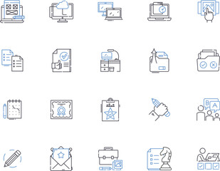 Portfolio outline icons collection. Portfolio, Investments, Assets, Equity, Funds, Stocks, Bonds vector and illustration concept set. Securities, Wealth, Profits linear signs