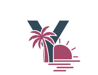 letter y with palm tree, sea and sun. creative vacation and resort alphabet logotype. summer and exotic tourism design
