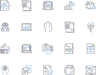 Analytics outline icons collection. Analysis, Trends, Data, Insights, Metrics, Surveys, KPIs vector and illustration concept set. Forecasts, Modeling, Reports linear signs