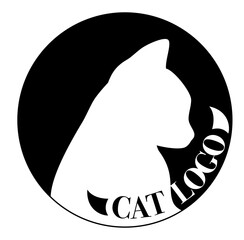 White cat logo in black circle. Cat logo for products. Cat logo for food and drink.