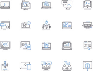 Networking people outline icons collection. Networking, People, Connecting, Socializing, Engaging, Meeting, Interacting vector and illustration concept set. Conversation, Greeting, Acquaintances