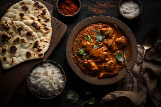 Dark Food Photography of Indian Butter Chicken with Basmati Rice and Naan Bread. Generative AI
