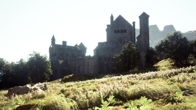 Old ruined castle in the misty mountains