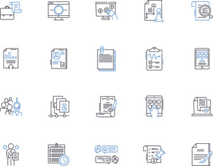 Survey and research outline icons collection. Surveying, Researching, Questioning, Examining, Investigating, Analysis, Analyzing vector and illustration concept set. Polling, Probing, Measuring linear