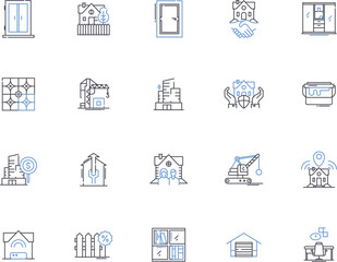 Household outline icons collection. Home, Furnishing, Appliances, Cleaning, Decor, Storage, Electronics vector and illustration concept set. Plumbing, Equipment, Lighting linear signs