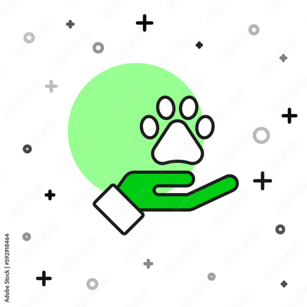 Wall mural filled outline hands with animals footprint icon isolated on white background. pet paw in heart. lov