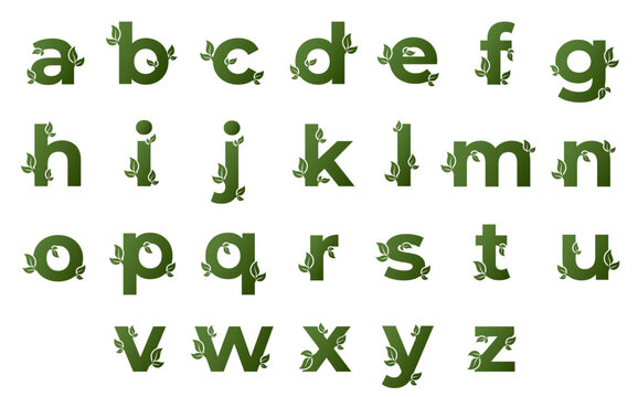 green lowercase letters with leaves. eco alphabet design. nature and environment vector design element