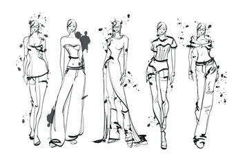 Set of young beautiful women in stylish clothes. Fashion sketch.