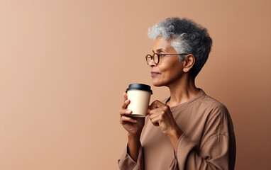 Senior older modern black dark-skinned african american woman drinking take away coffee and enjoys life. Generative AI