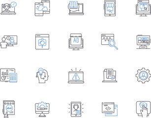 Business software outline icons collection. Accounting, ERP, CRM, Office, Purchasing, Invoicing, Planning vector and illustration concept set. Analytics, Reporting, Bookkeeping linear signs