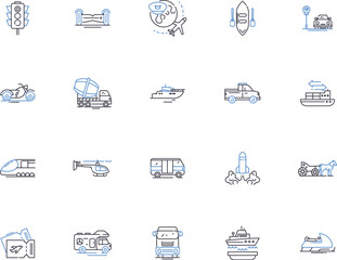 Transportation outline icons collection. Train, Bus, Plane, Taxi, Ferry, Boat, Automobile vector and illustration concept set. Motorcycle, Scooter, Bicycle linear signs
