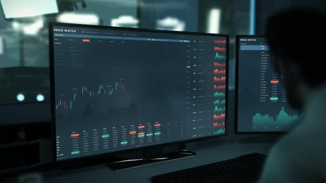 Trader studying the financial market stock charts to make investment decisions. Trader inspecting the stock price chart using web app. Trader looks at the company stock cost chart. Shares.