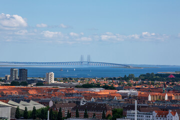 Aerial view of the city and Oresund Bridge, Copenhagen, Denmark