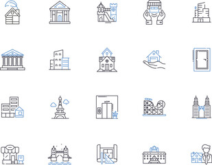 Houses outline icons collection. Home, Residence, Abode, Dwelling, Mansion, Lodgings, Villa vector and illustration concept set. Condo, Cottage, Bungalow linear signs