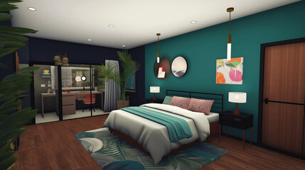 bedroom indoor, front view Generative AI