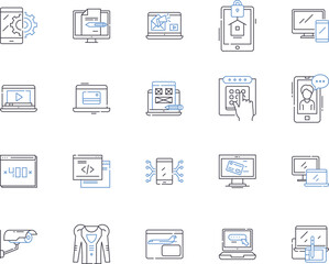 Internet and gadjets outline icons collection. Gadgets, Internet, Technology, Devices, Connectivity, Computers, Networking vector and illustration concept set. Software, Smartphones, Tablets linear
