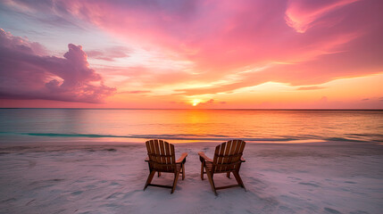 Beautiful tropical sunset scenery, two sun beds. White sand, sea view with horizon, colorful twilight sky, calmness and relaxation.
