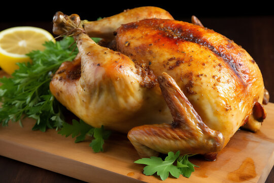 Roast turkey that has been baked to celebrate the festive Christmas Day or Thanksgiving dinner during the winter holiday season, computer Generative AI stock illustration image