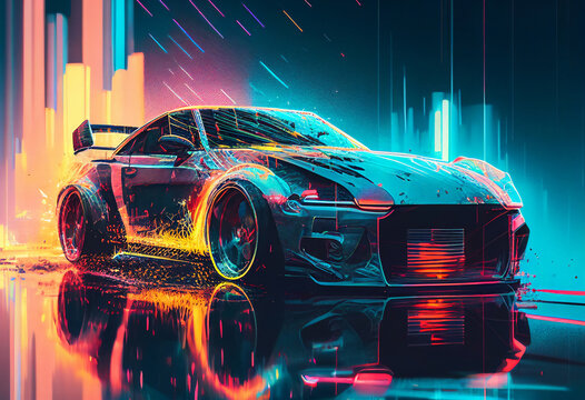 Car vehicle with an abstract glitch effect driving on a city street, computer Generative AI stock illustration