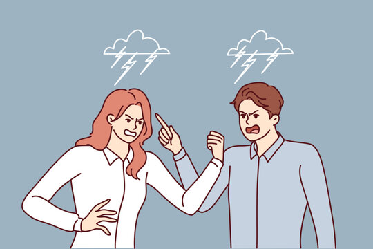 Quarrel between man and woman angrily screaming and pointing fingers towards interlocutor. Two colleagues during quarrel related to problems at work or conflict in their personal lives 