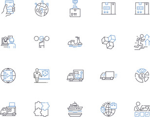 Distribution outline icons collection. Distribution, Spread, Allocation, Dissemination, Circulation, Partition, Shipment vector and illustration concept set. Delivery, Dispersal, Sharing linear signs