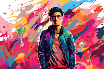 Obraz na płótnie Canvas Portrait of a young man on colorful background, Generative AI