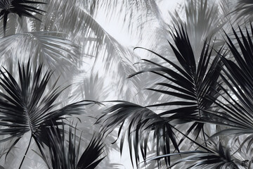 Palm tree leaves in the garden,  Tropical background,  Black and white, Generative AI