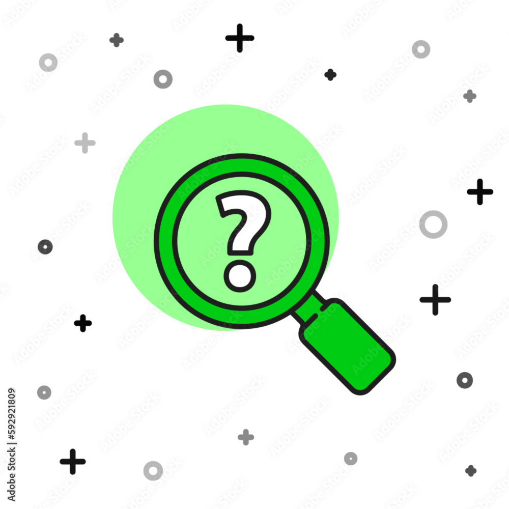 Poster filled outline unknown search icon isolated on white background. magnifying glass and question mark.