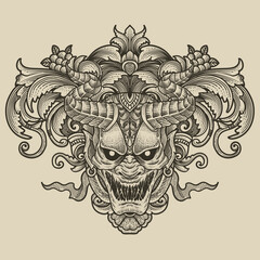 Vector illustration. scary demon mask with vintage engraving ornament style perfect for your business and T shirt merchandise