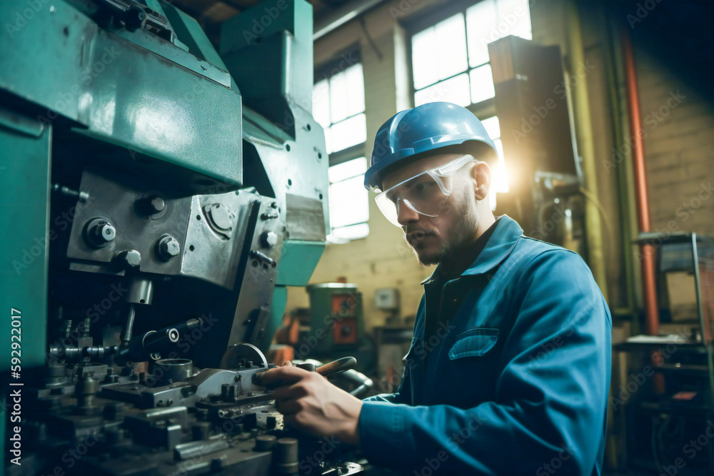 Poster machinist working at a generic machine in a factory or workshop. created with generative ai technolo