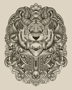 demon tiger head with antique engraving ornament style good for your merchandise dan T shirt