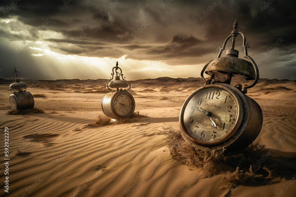 Poster old clocks on desert dunes at sunset. surreal time metaphor composition. time related concept. creat