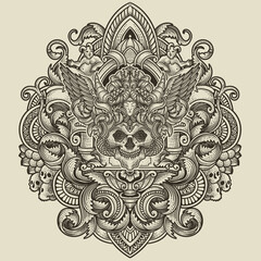 Illustration of skull head with antique crown vintage engraving ornament in back perfect for your business and Merchandise