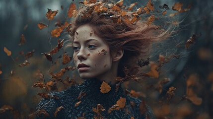 Beautiful redhead girl with flying hair in the autumn forest. Generative AI - obrazy, fototapety, plakaty