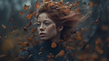 Fotobehang Beautiful redhead girl with flying hair in the autumn forest. Generative AI © bahadirbermekphoto
