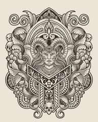 Vector illustration. beautiful demon girl with vintage engraving ornament style perfect for your business and T shirt merchandise
