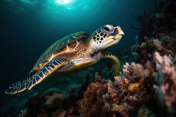 Fototapeta na wymiar A turtle swimming under water, generative AI