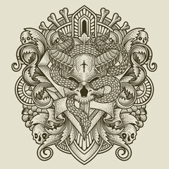 Vector illustration. demon skull with snake vintage engraving ornament style perfect for your business and T shirt merchandise