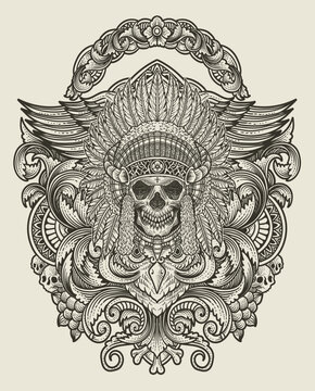 Illustration of indian apaches skull head with vintage engraving ornament in back perfect for your business and Merchandise