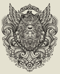Illustration of tribal bearded man with lion hat vintage engraving ornament in back perfect for your business and Merchandise