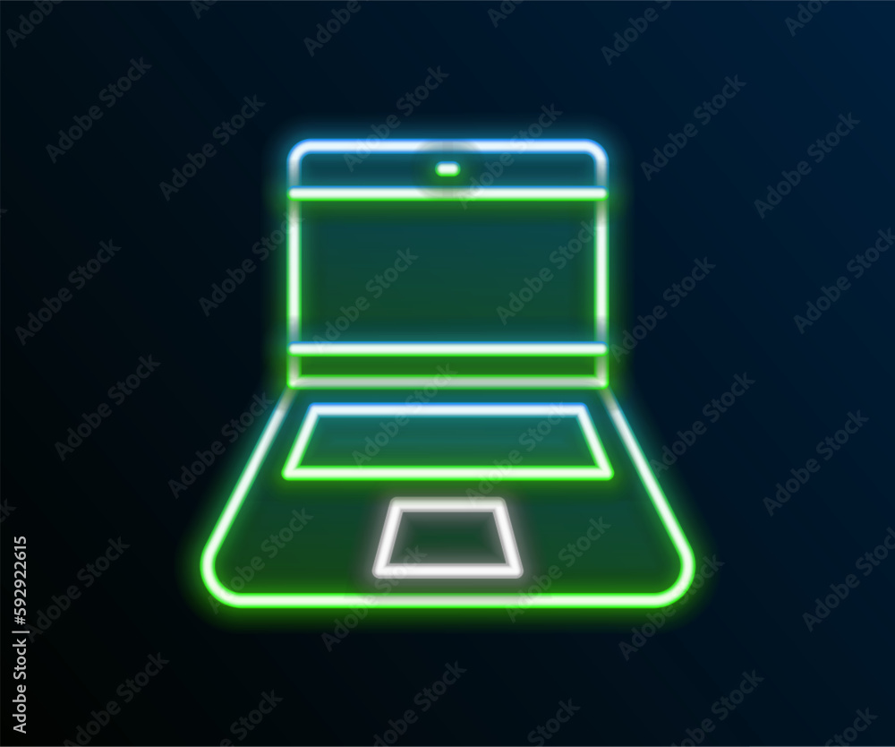 Poster glowing neon line laptop icon isolated on black background. computer notebook with empty screen sign