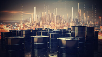 Oil Barrels on the background of the stock market city background