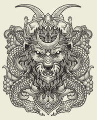 Illustration of lion head with vintage engraving ornament in back perfect for your business and Merchandise