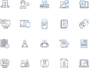 Blogging outline icons collection. blogging, posts, content, microblogging, articles, social, media vector and illustration concept set. press, authors, networks linear signs
