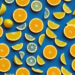 Seamless patterns of slices of citrus fruits isolated on the blue background