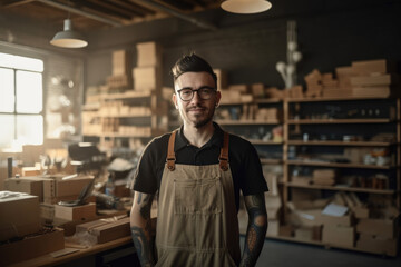 Fototapeta premium Mature cheerful employee man looking at camera in workshop. Generative AI