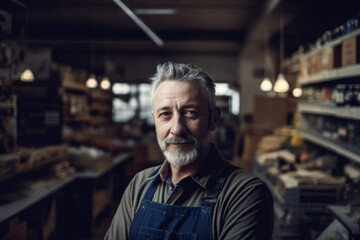 Obraz premium Mature cheerful employee man looking at camera in workshop. Generative AI