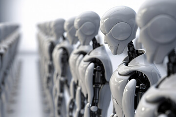 Futuristic Ai Robots standing in a row, masses of robots, taking over humanity, indoors